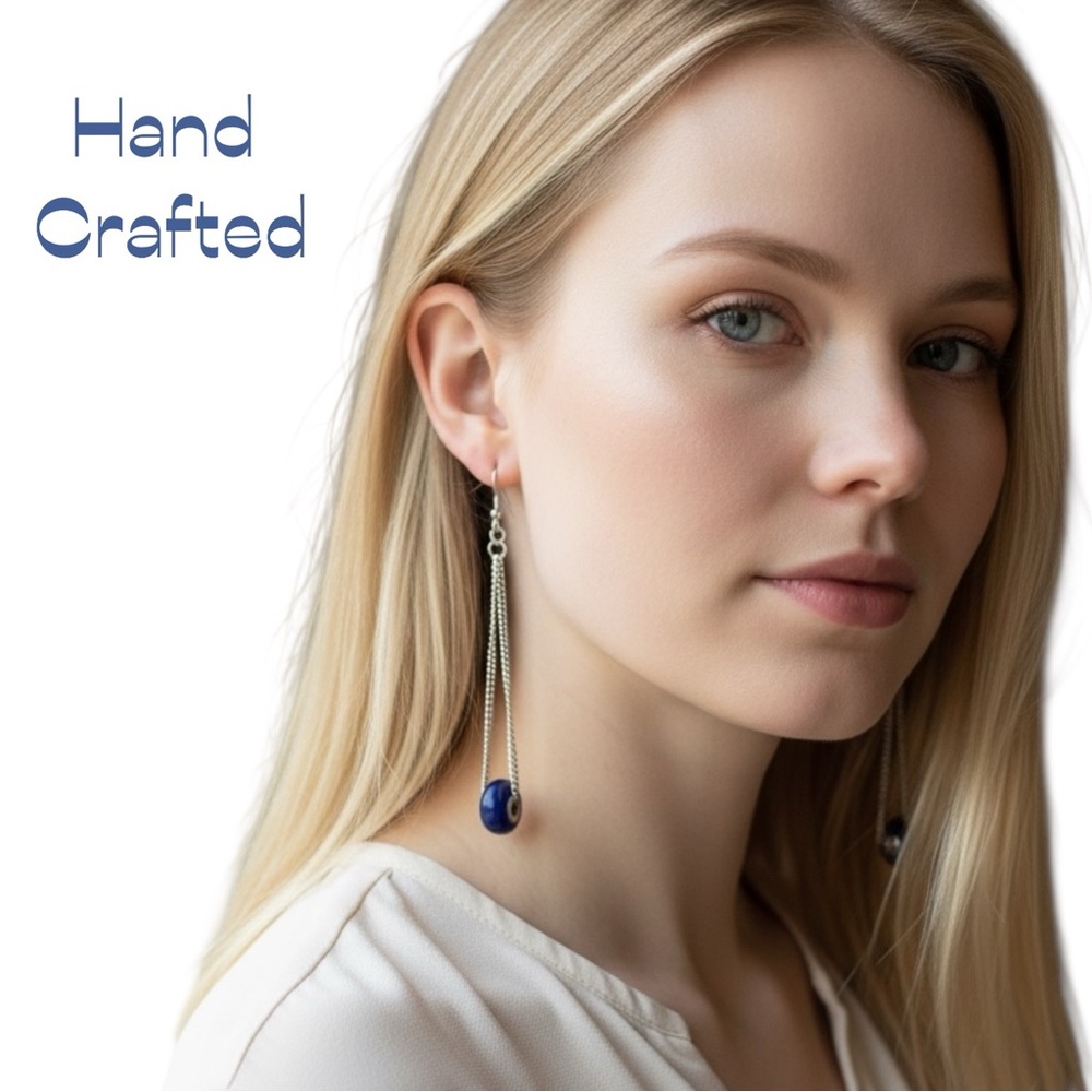 Hand Crafted Navy Glass Bead W Long Silver Chain Earrings NWT